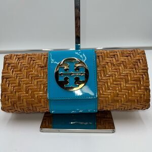 Tory Burch Patent Leather and Wicker Snap Closure Clutch Bag **see photos and de